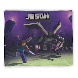 Cozy Personalized Minecraft Ender Dragon Throw Blanket with Custom Name, Pixelcraft Fleece Blanket, Home Décor, Thanksgiving Gifts for Kid