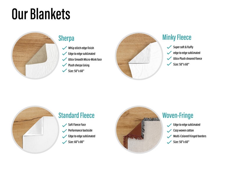 four different types of blankets on a table