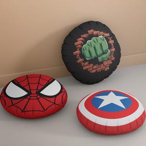 Superhero logo Inspired Round Pillow, Comic Style Decorative Throw Cushion, Soft Cozy Pillows for Kids Room, Gamer Decor, Gift for Fans