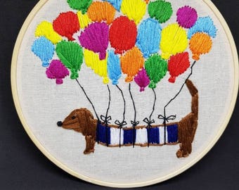 Hand embroidery Dachshund/sausage dog with balloons. Wall art/embroidery/nursery decor