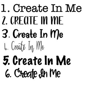 May include: A close-up of a handwritten list with the phrase "Create In Me" repeated six times, each with a different font and style.