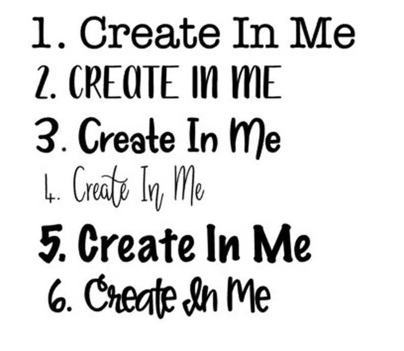 May include: A close-up of a handwritten list with the phrase "Create In Me" repeated six times, each with a different font and style.