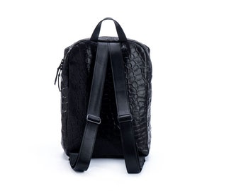 Black Backpack with Textured Leather and Diagonal Zipper Embossed Leather Bag, Black Backpack for Women, Designer Bag  main image 4