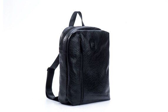 black leather backpack square Vintage 90s Black Square PVC Leather Scarf Tie Medium Backpack