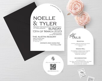 Black and White Arch Invitations, White Wedding Invitations, Arch Wedding Invitations, Curvy Invitations