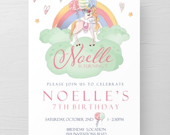Unicorn Birthday Invitation, Children's Birthday Party Invitation, Kids Birthday Invitation