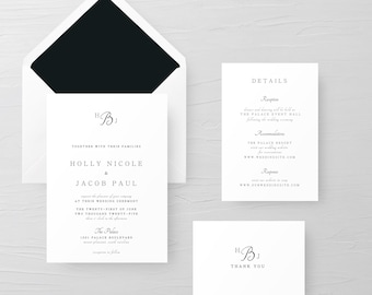 Monogram Wedding Invitations, Wedding Invitations, Wedding Invitations with Thank You Cards, Black and White Wedding Invitation Set