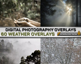 60 WEATHER OVERLAYS : 15 Snow Overlays - 15 Rain Overlays - 15 Fog Overlays - 15 Sun Flare Overlays, Digital Background, Digital Backdrop