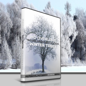 Puede incluir: Una caja de DVD con fondo blanco y una foto de un árbol de invierno nevado. El texto en la caja dice "HD Overlays Textures & Elements - Winter Trees".