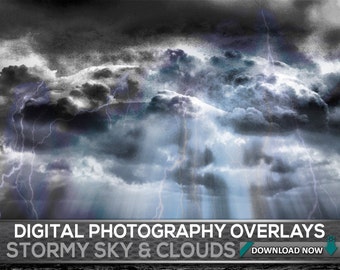 100 STORMY SKY OVERLAYS - Dark Sky Overlays, Thunder and Lightning Sky and Clouds Storm Effects, Digital Background, Digital Backdrop