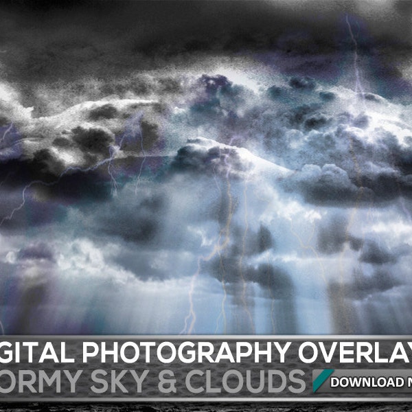 100 STORMY SKY OVERLAYS - Dark Sky Overlays, Donner und Blitz Himmel und Wolken Sturmeffekte, digitaler Hintergrund, digitaler Hintergrund