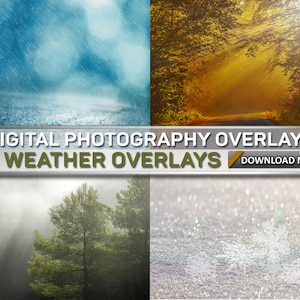 100 WEATHER OVERLAYS : 25 Snow Overlays - 25 Rain Overlays - 25 Fog Overlays - 25 Sun Flare Overlays, Digital Background, Digital Backdrop