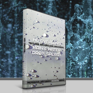 Op de afbeelding: Een DVD-hoes met een zilveren achtergrond en waterdruppels. De tekst op de hoes luidt "HD Overlays Textures, Backgrounds, Backdrops Rain & Water Drop, Splash Photoshop HD Digital Photography Professional Photography HD Digital Graphic".