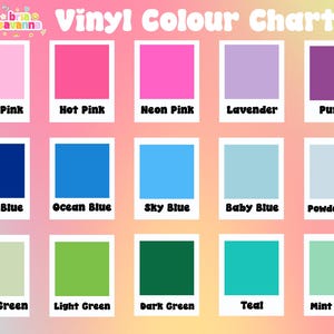 The image is a color chart with twelve different color squares, each representing a different color. The colors include Baby Pink, Hot Pink, Neon Pink, Lavender, Purple, Dark Blue, Ocean Blue, Sky Blue, Baby Blue, Powder Blue, Sage Green, Light Green, Dark Green, Teal, and Mint Green.