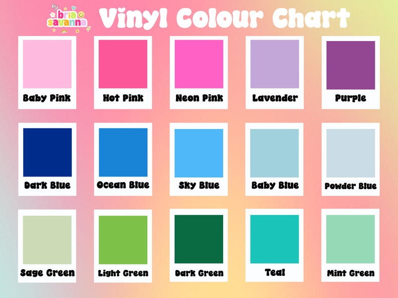 The image is a color chart with twelve different color squares, each representing a different color. The colors include Baby Pink, Hot Pink, Neon Pink, Lavender, Purple, Dark Blue, Ocean Blue, Sky Blue, Baby Blue, Powder Blue, Sage Green, Light Green, Dark Green, Teal, and Mint Green.