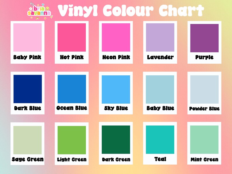 The image is a color chart with twelve different color squares, each representing a different color. The colors include Baby Pink, Hot Pink, Neon Pink, Lavender, Purple, Dark Blue, Ocean Blue, Sky Blue, Baby Blue, Powder Blue, Sage Green, Light Green, Dark Green, Teal, and Mint Green.