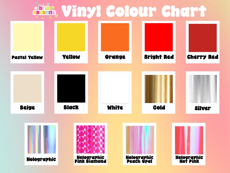 The image is a color chart that displays various pastel and metallic colors, along with their names.