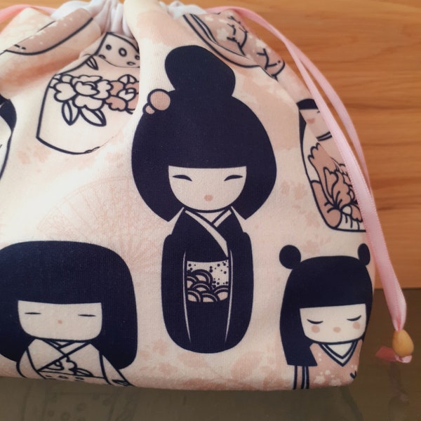 Lingerie bag project bag Japanese bag Kinchaku Kokeshi cherry blossom gift Birthday bag Travel case Christmas gift