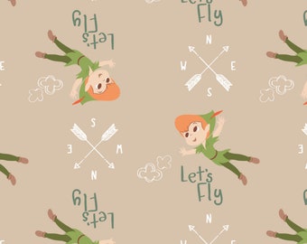 Disney Peter Pan Let's Fly in Beige Disney Fabric Peter Pan Fabric Neverland Green Fabric