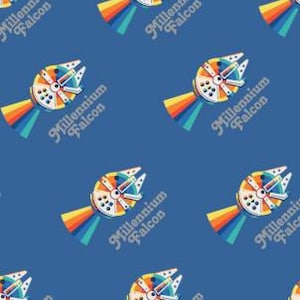 May include: A blue background with a repeating pattern of a white Millennium Falcon spaceship with a rainbow trail behind it. The text "Millennium Falcon" is written in white on a blue background.