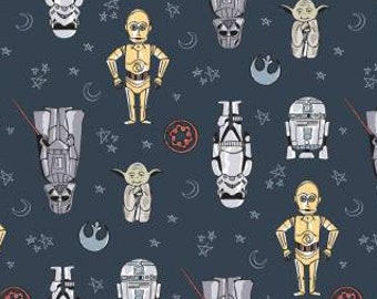 Star Wars Fabric Blue Star Wars Doodle Figures Camelot Fabrics Disney Sewing Supplies Star Wars Quilt C3PO Fabric Fabric Navy