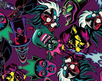 Disney Villains Cotton Fabric Quilt Sewing Purple Neon