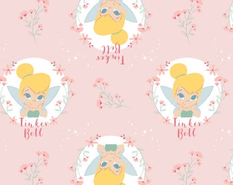 Disney Tinker Bell Floral Badges in Pink Disney Fabric Tinker Bell Fabric Peter Pan Neverland Disney Fabric Pink Floral Quilt Fabric