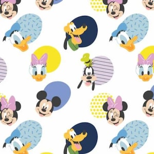 May include: A white background is covered with cartoon images of Mickey Mouse, Minnie Mouse, Donald Duck, Daisy Duck, and Goofy. The characters are set against colorful polka dots and striped circles.