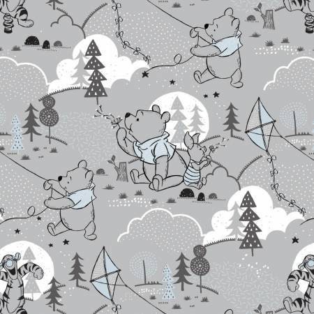 Disney Winnie the Pooh Fabric Gray Clouds and Kites Winnie the Pooh Fabric  Pooh Fabric Disney Quilting Fabric Piglet Fabric Kites Mountains