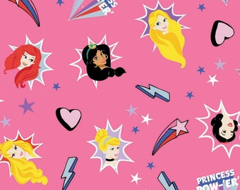 Disney Princess Pink Burst Disney Princess Fabric Camelot Fabrics Princess Power Ariel Jasmine Rapunzel Snow White Cinderella Belle Aurora