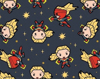 Captain Marvel Fabric Marvel Superhero Fabric Navy Blue Marvel Quilt Kawaii Superheroes Stars Girl Superhero Comic Book Characters Fabric