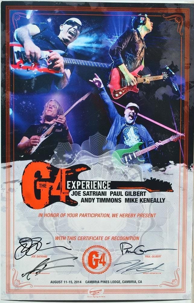 JOE SATRIANI サイン入りドラムヘッドとチラシセット Joe Satriani - G4 Band Poster Signed X4 - J. Satriani, Paul