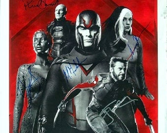 May include: A red and black movie poster for the film "X-Men: Days of Future Past - The Rogue Cut". The poster features the main characters from the film, including Wolverine, Magneto, Mystique, and Professor X. The poster is signed by the actors who played these roles.