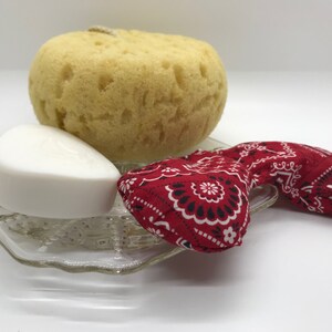 Puede incluir: Una pastilla de jab&oacute;n blanca, una esponja de ba&ntilde;o amarilla y una m&aacute;scara para los ojos de bandana roja en un plato de vidrio transparente.