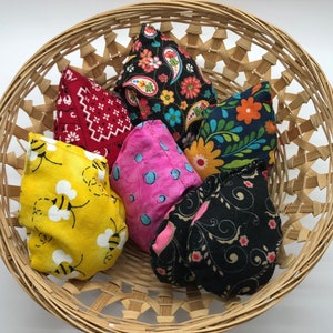 Puede incluir: Una cesta de mimbre llena de seis bolsas de frijoles de tela. Las bolsas de frijoles son de varios colores y patrones, incluyendo rojo, amarillo, rosa, negro y azul.