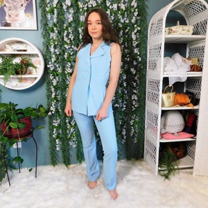 70&#39;s Vest Pantsuit / Vintage 2 pc. Light Blue Polyester Pantsuit by The Steps USA