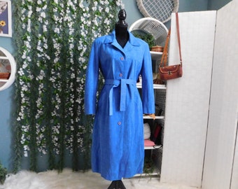 70's Blue Ultra Suede Fabric Trench Coat / Vintage Long All Weather Traveler Coat