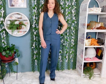 60's 70's Bobbie Brooks Polyester Pant Suit / Vintage 2pc. Pant & Vest Set..Slate Blue