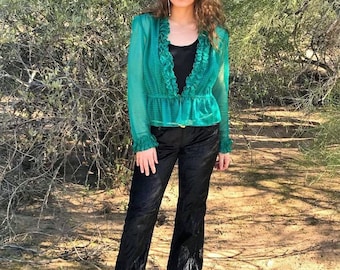 80s Sheer Green Ruffle Blouse