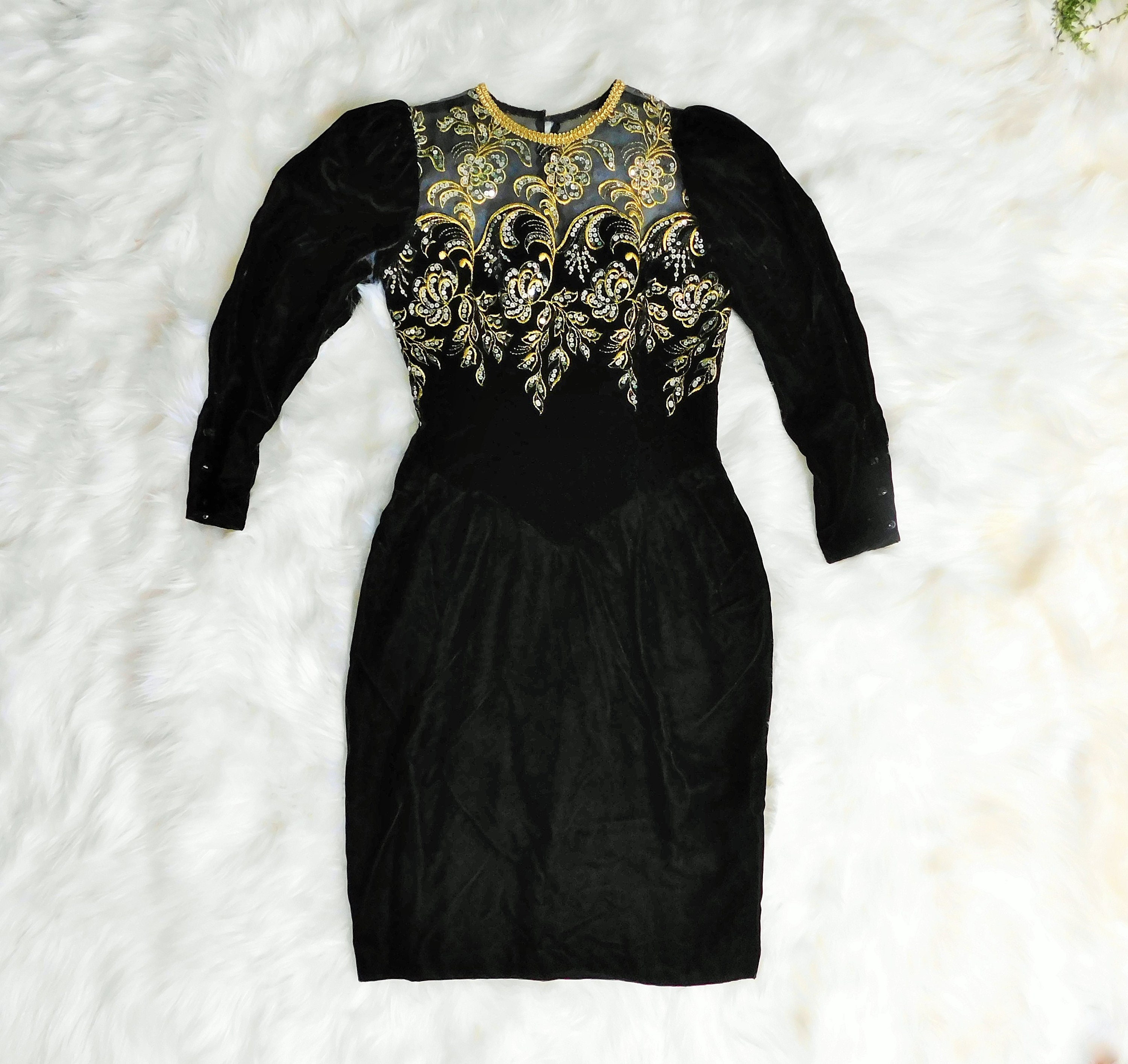 80s Jessica McClintock Mid Length Black Velvet Dress
