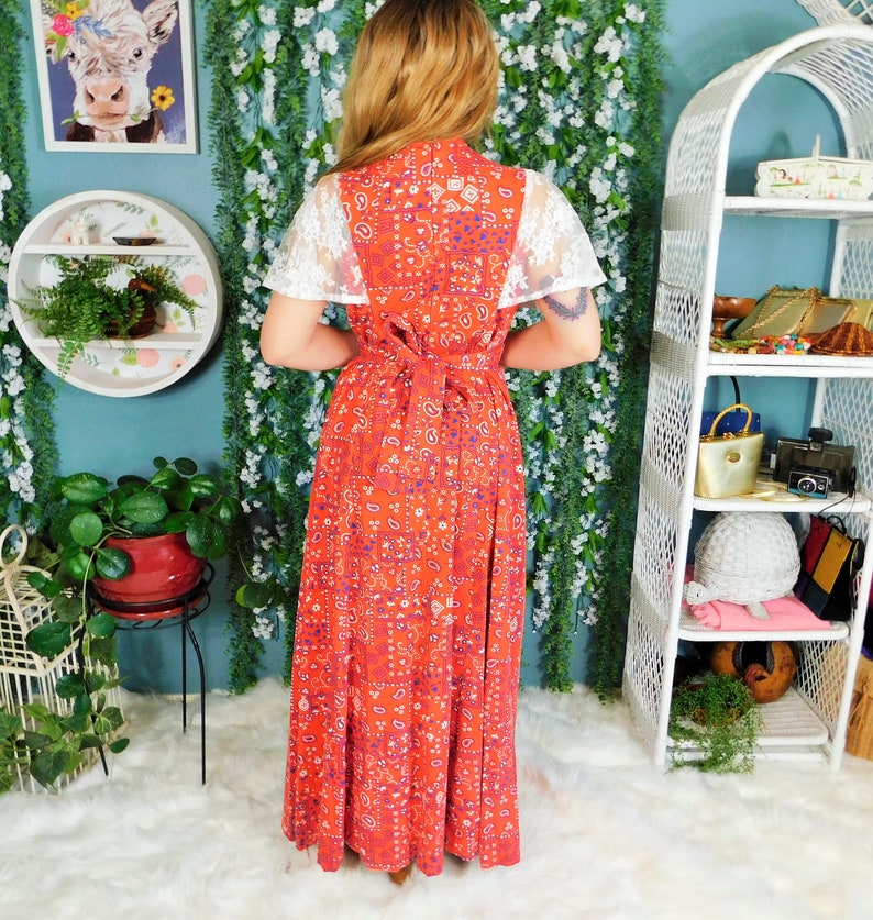 70s Red Bandana Maxi Dress / Paisley Print Vintage Dress Etsy