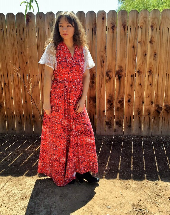 70s Red Bandana Maxi Dress / Paisley print Vintage D… Gem