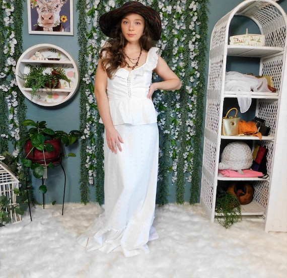 70 s White Eyelet Maxi Boho Corset Dress Vintage Roberta California Full Length Sleeveless Dress Etsy