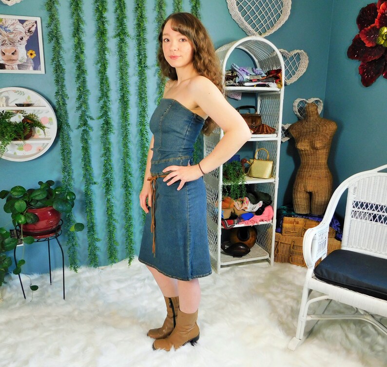 90s Denim Strapless Dress Vintage Blue Jean Stretch Body Con Dress by Rue 21