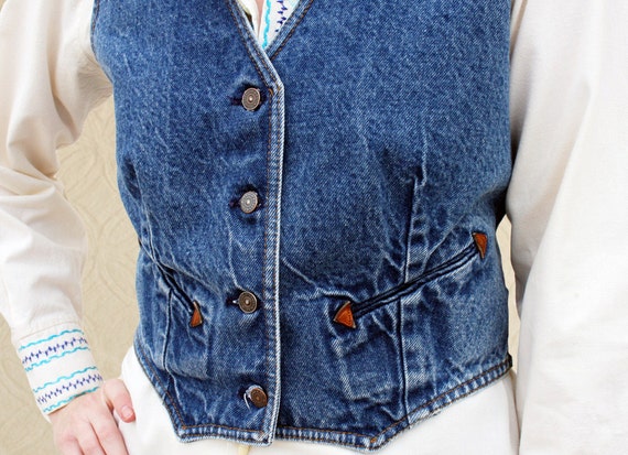 Vintage Levis Denim Vest Acid Wash with Leather A… - image 2