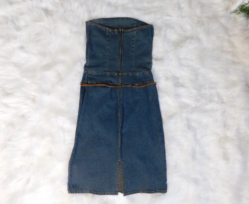 90s Denim Strapless Dress Vintage Blue Jean Stretch Body Con Dress by Rue 21
