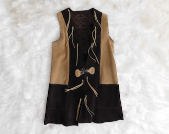 60's 70's Suede Leather Vest / Vintage Excelsior Long Brown Tan Suede Vest Made in Spain