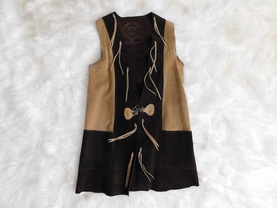 60's 70's Suede Leather Vest / Vintage Excelsior Long Brown Tan