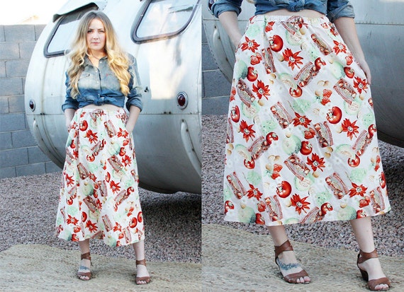Vintage Fruit Print Novelty Skirt with Pockets