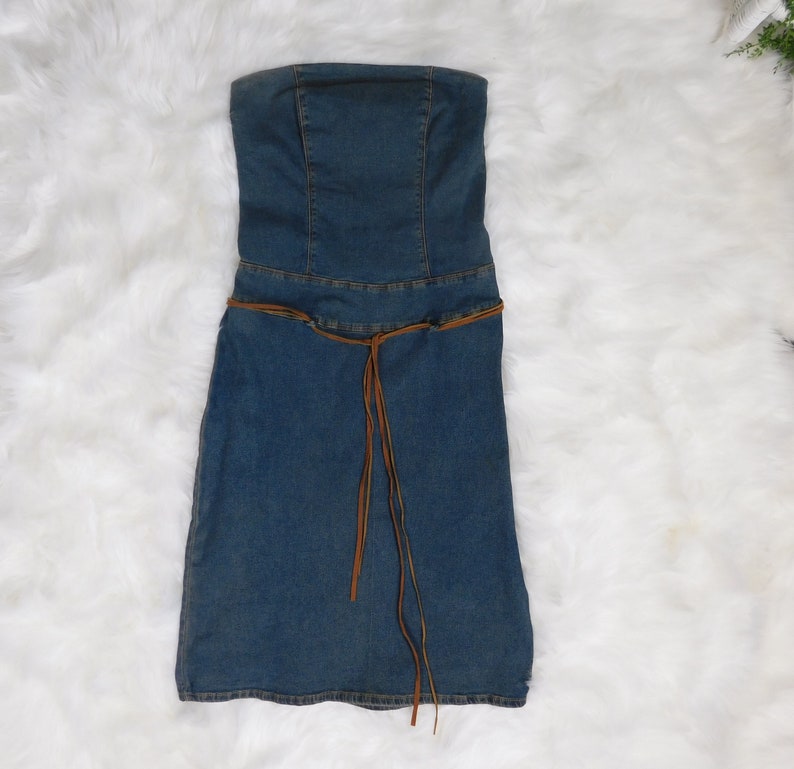 90s Denim Strapless Dress Vintage Blue Jean Stretch Body Con Dress by Rue 21